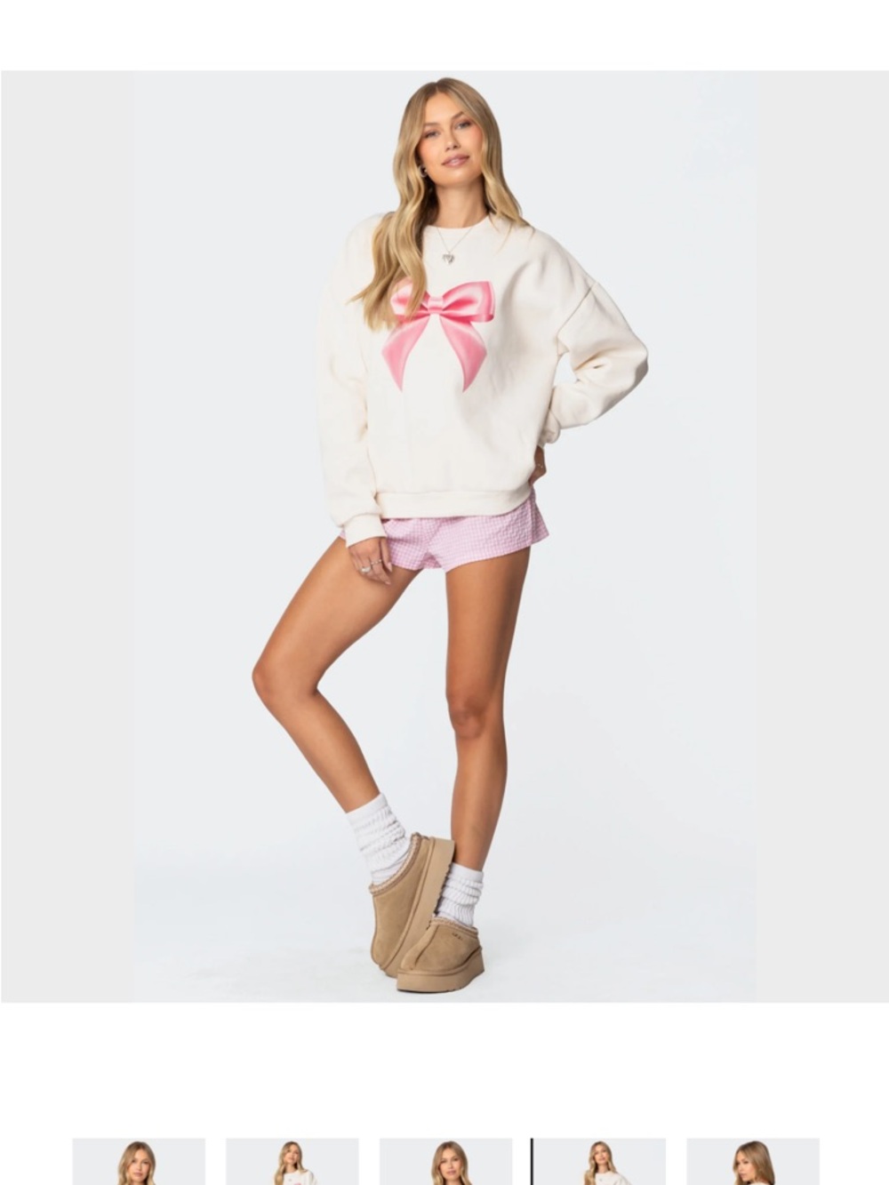 Edikted Cream Sweatshirt with Pink Bow Graphic - Picture 2 of 7